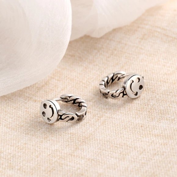 NEW 925 Sterling Silver Smiley Face Hoop Earrings - Picture 7 of 10